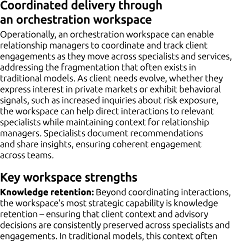 Coordinated delivery through an orchestration workspace Operationally, an orchestration workspace can enable relation...