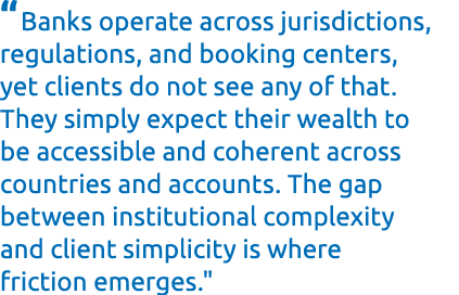 “Banks operate across jurisdictions, regulations, and booking centers, yet clients do not see any of that. They simpl...